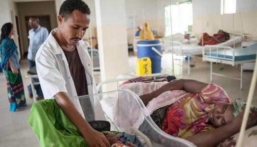 Picture of an Ethiopian health worker with mother and new-born child